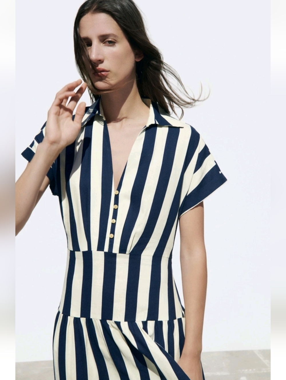 Zara Striped Tiered Linen Blend Cut Out Midi Shirt Dress Nautical Coastal Boho - Picture 2 of 16